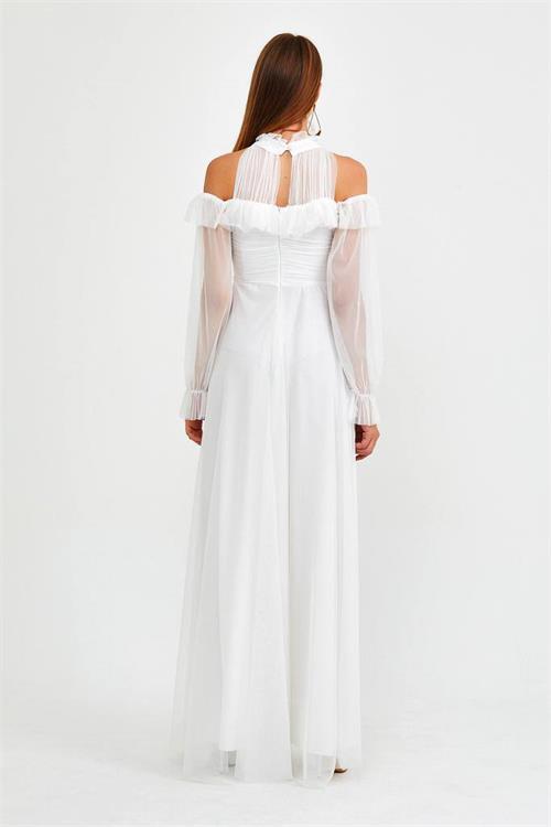Dipmoda kadın beyaz tül drapeli uzun abiye elbise NBSWLL07 
