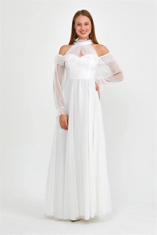 Dipmoda kadın beyaz tül drapeli uzun abiye elbise NBSWLL07 