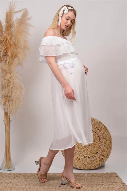 Dipmoda kadın beyaz yeni sezon carmen yaka şifon hamile elbisesi HML8060 