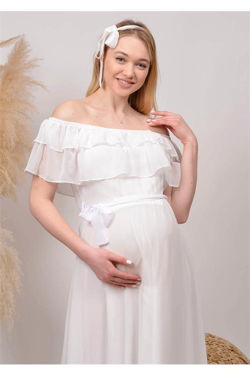 Dipmoda kadın beyaz yeni sezon carmen yaka şifon hamile elbisesi HML8060 