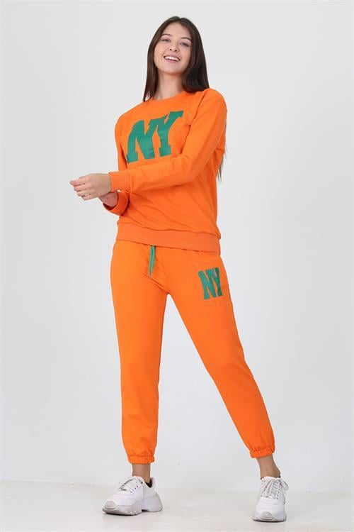 Dipmoda kadın bisiklet yaka baskılı iki iplik eşofman takımı DPLPTR18