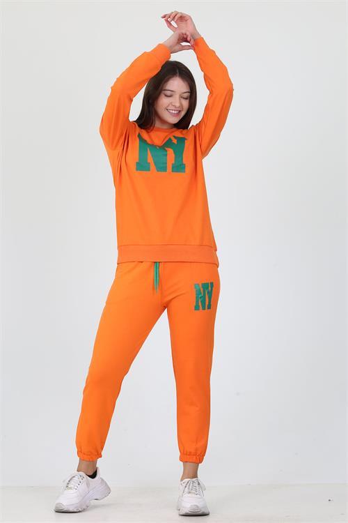 Dipmoda kadın bisiklet yaka baskılı iki iplik eşofman takımı DPLPTR18