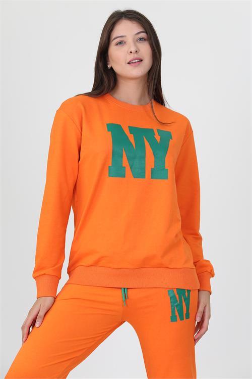 Dipmoda kadın bisiklet yaka baskılı iki iplik eşofman takımı DPLPTR18