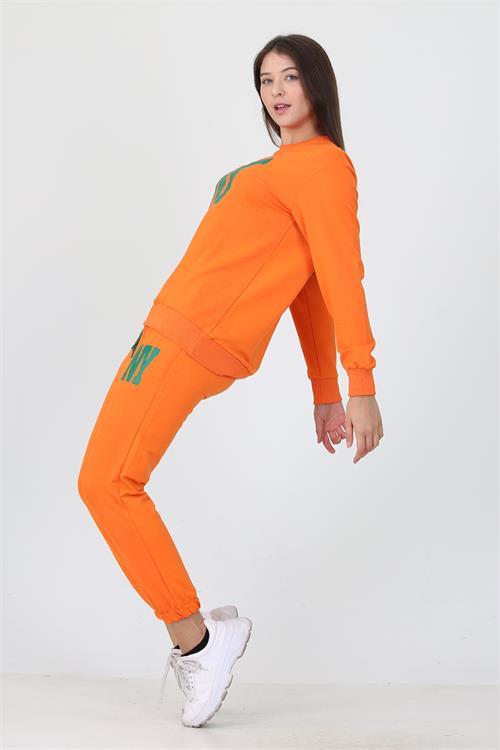 Dipmoda kadın bisiklet yaka baskılı iki iplik eşofman takımı DPLPTR18