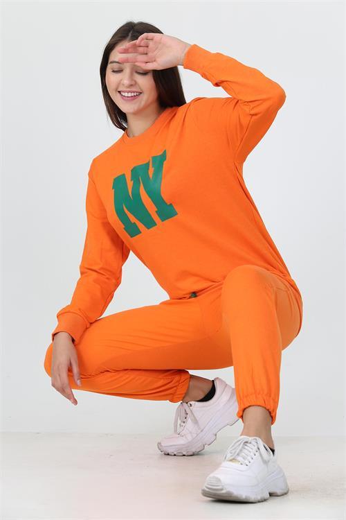 Dipmoda kadın bisiklet yaka baskılı iki iplik eşofman takımı DPLPTR18