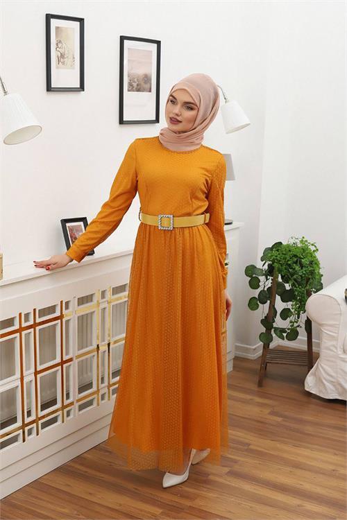 Dipmoda kadın bisiklet yaka puantiyeli tesettür elbise RSSN45 - Hardal 