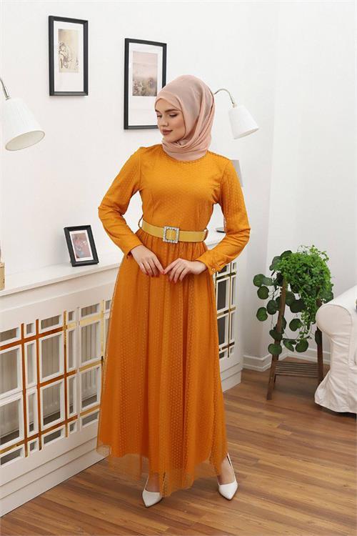 Dipmoda kadın bisiklet yaka puantiyeli tesettür elbise RSSN45 - Hardal 