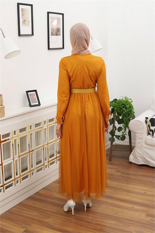 Dipmoda kadın bisiklet yaka puantiyeli tesettür elbise RSSN45 - Hardal 