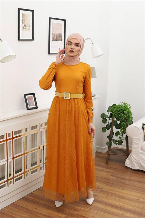 Dipmoda kadın bisiklet yaka puantiyeli tesettür elbise RSSN45 - Hardal 
