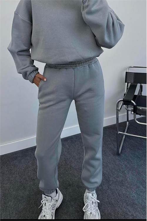 Dipmoda kadın bisiklet yaka şardonlu eşofman takımı DPGTS020 - Gri