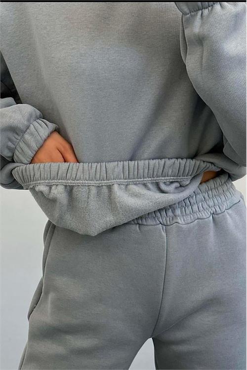 Dipmoda kadın bisiklet yaka şardonlu eşofman takımı DPGTS020 - Gri