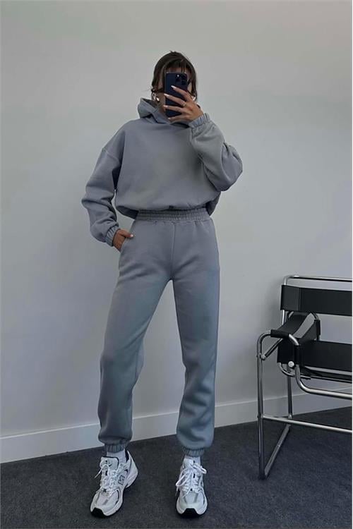 Dipmoda kadın bisiklet yaka şardonlu eşofman takımı DPGTS020 - Gri