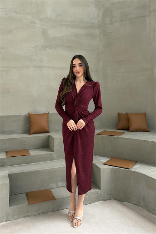 Dipmoda kadın bordo anvelop büzgülü simli premium midi elbise DPELB08