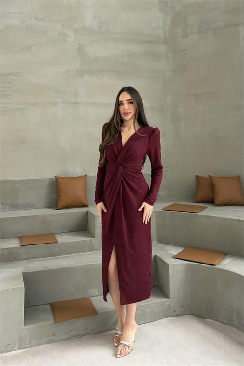 Dipmoda kadın bordo anvelop büzgülü simli premium midi elbise DPELB08