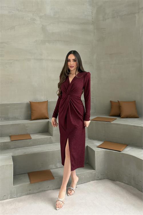 Dipmoda kadın bordo anvelop büzgülü simli premium midi elbise DPELB08