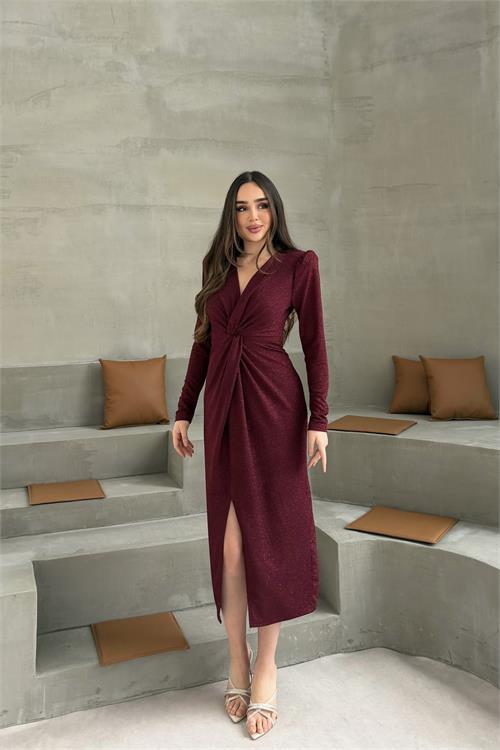 Dipmoda kadın bordo anvelop büzgülü simli premium midi elbise DPELB08