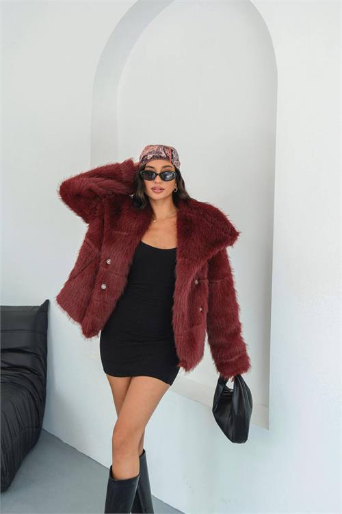 Dipmoda kadın bordo astarlı kürk kaban DPMYLK32