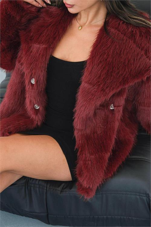 Dipmoda kadın bordo astarlı kürk kaban DPMYLK32