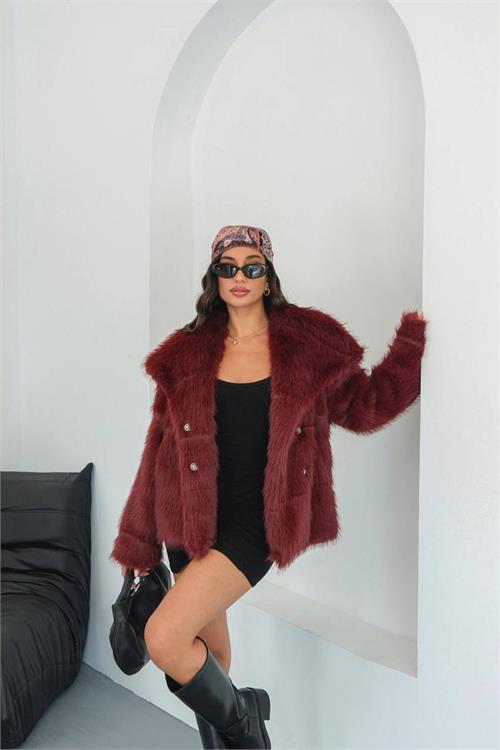Dipmoda kadın bordo astarlı kürk kaban DPMYLK32