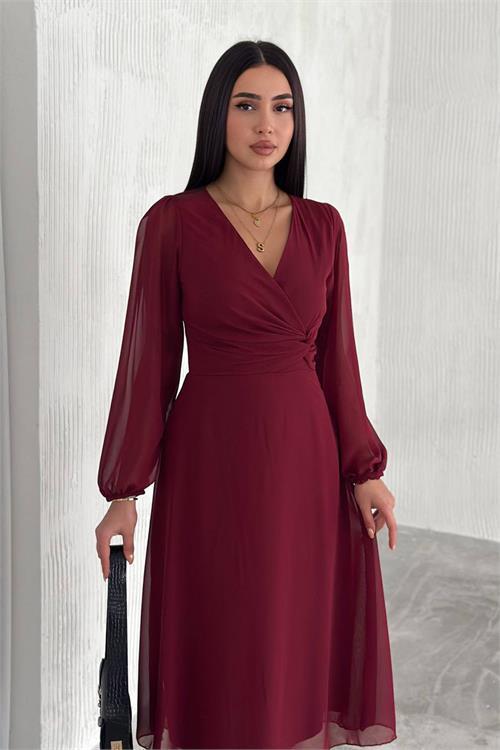 Dipmoda kadın bordo astarlı şifon elbise DPNBK3028