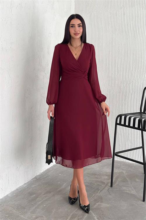 Dipmoda kadın bordo astarlı şifon elbise DPNBK3028
