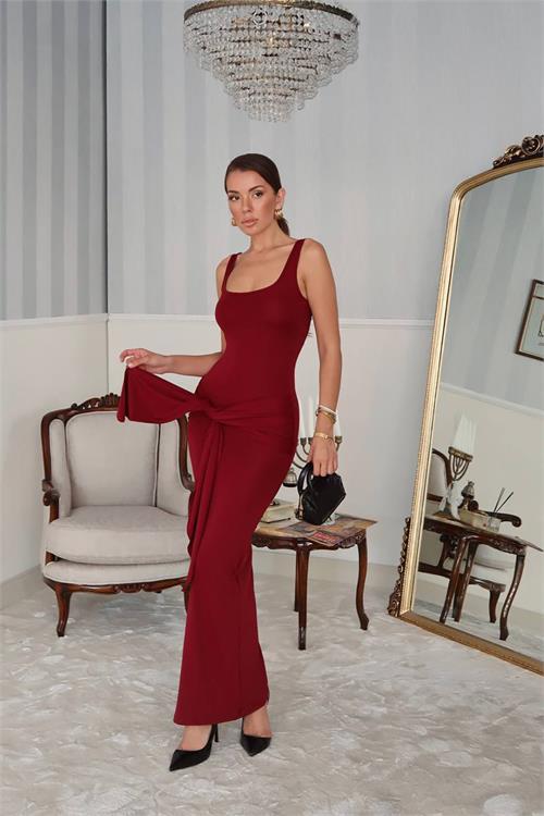 Dipmoda kadın bordo bağlamalı maxi boy likralı elbise DPDF075