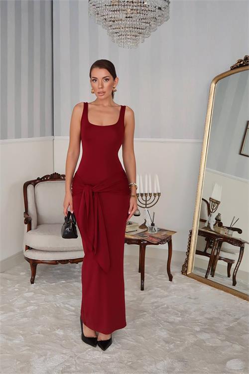 Dipmoda kadın bordo bağlamalı maxi boy likralı elbise DPDF075