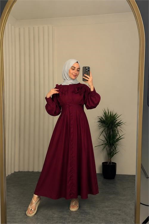 Dipmoda kadın bordo belden oturtmalı çiçek detaylı premium tesettür elbise DPVQ4933