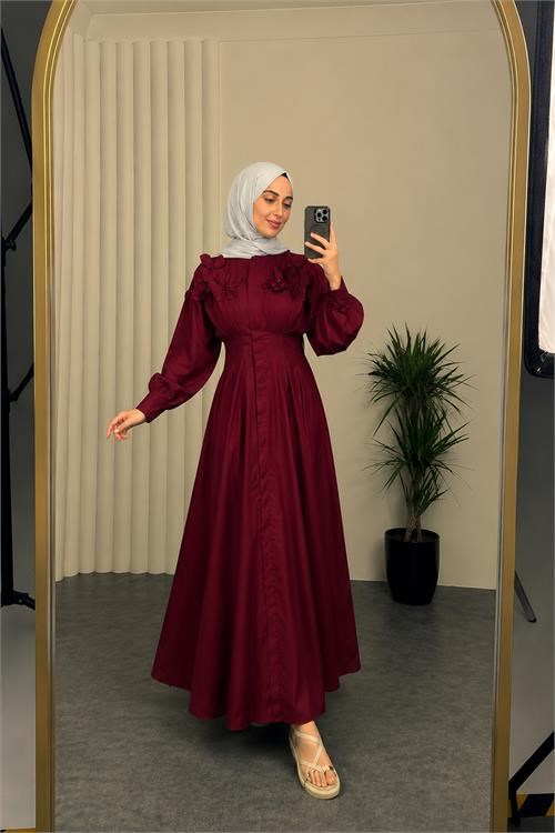Dipmoda kadın bordo belden oturtmalı çiçek detaylı premium tesettür elbise DPVQ4933