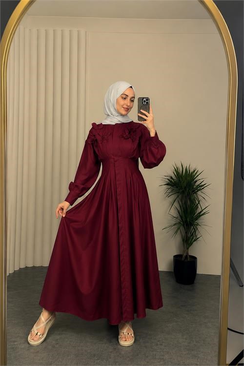 Dipmoda kadın bordo belden oturtmalı çiçek detaylı premium tesettür elbise DPVQ4933