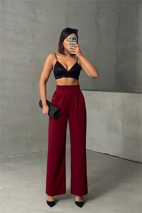 Dipmoda kadın bordo beli cırtlı palazzo kumaş pantolon DPNBG063
