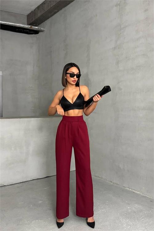 Dipmoda kadın bordo beli cırtlı palazzo kumaş pantolon DPNBG063