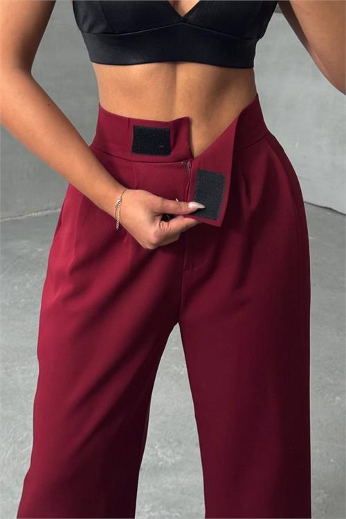 Dipmoda kadın bordo beli cırtlı palazzo kumaş pantolon DPNBG063