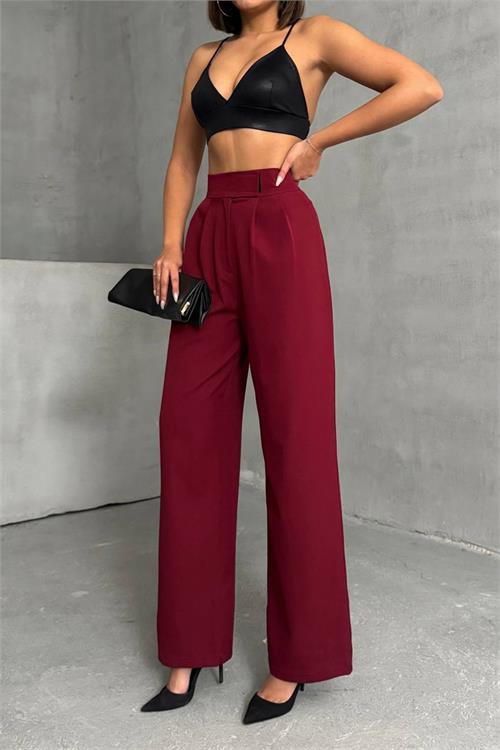 Dipmoda kadın bordo beli cırtlı palazzo kumaş pantolon DPNBG063