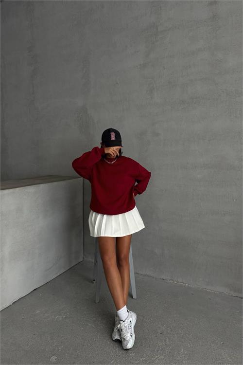 Dipmoda kadın bordo bisiklet yaka pamuklu sweat NBG031 