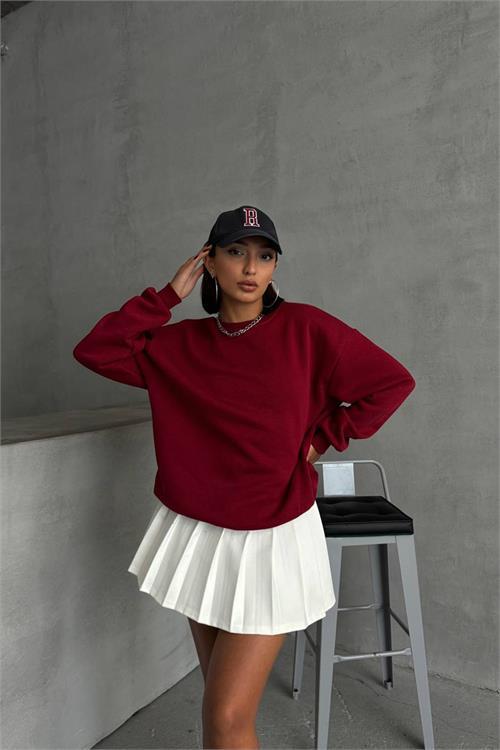 Dipmoda kadın bordo bisiklet yaka pamuklu sweat NBG031 