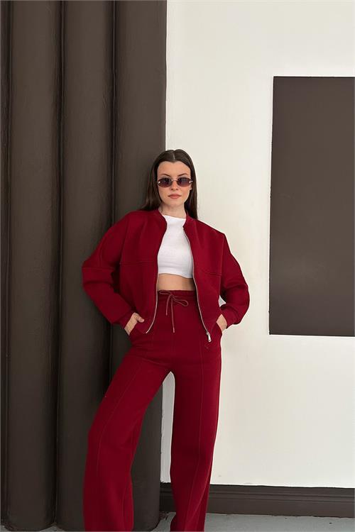 Dipmoda kadın bordo cepli içi polarlı 3 iplik eşofman takımı RYHS001