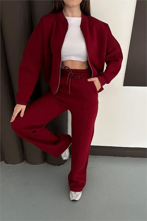 Dipmoda kadın bordo cepli içi polarlı 3 iplik eşofman takımı RYHS001