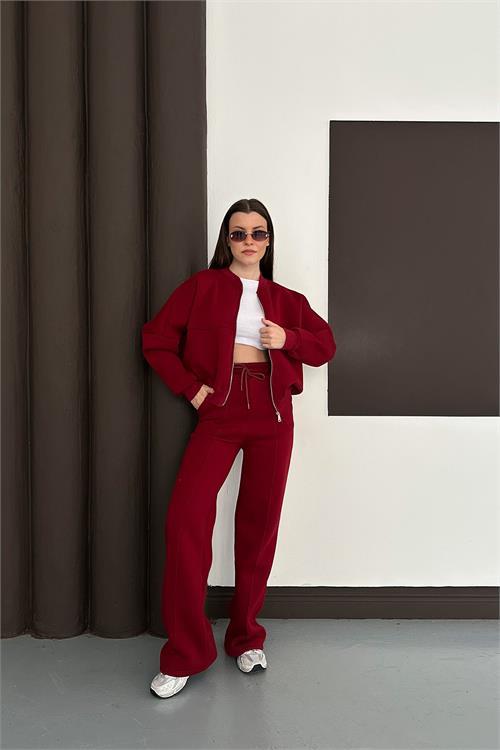 Dipmoda kadın bordo cepli içi polarlı 3 iplik eşofman takımı RYHS001