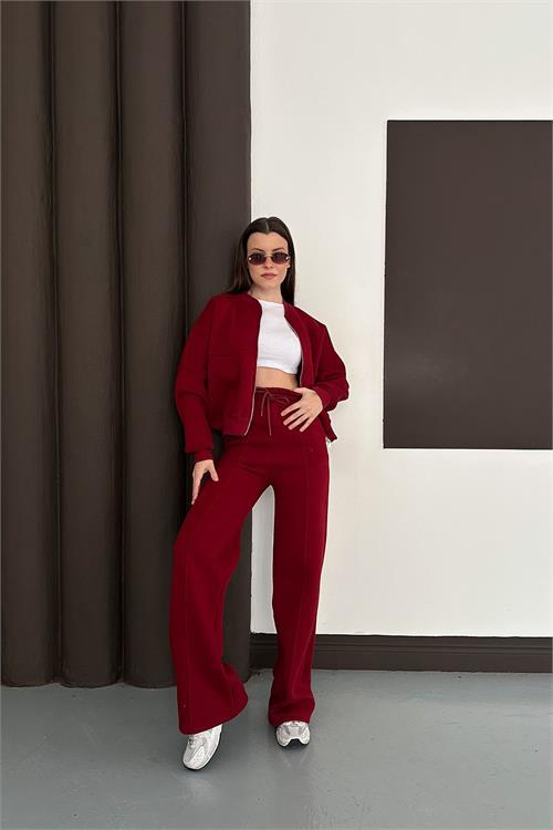 Dipmoda kadın bordo cepli içi polarlı 3 iplik eşofman takımı RYHS001