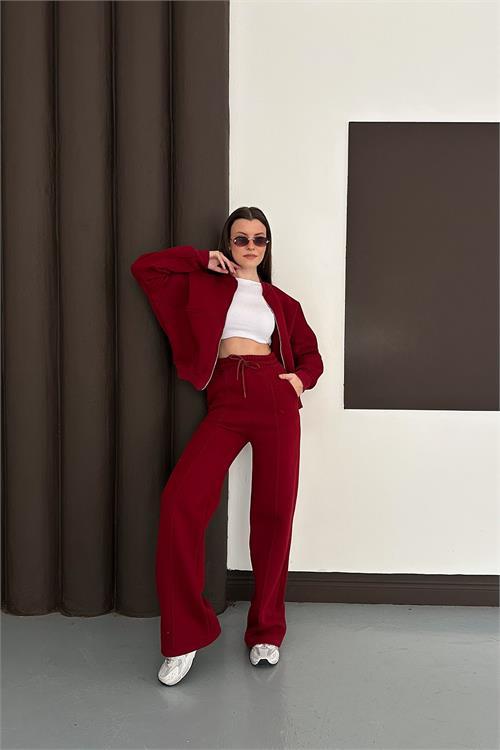 Dipmoda kadın bordo cepli içi polarlı 3 iplik eşofman takımı RYHS001