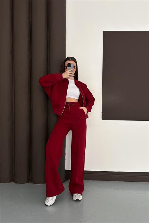 Dipmoda kadın bordo cepli içi polarlı 3 iplik eşofman takımı RYHS001