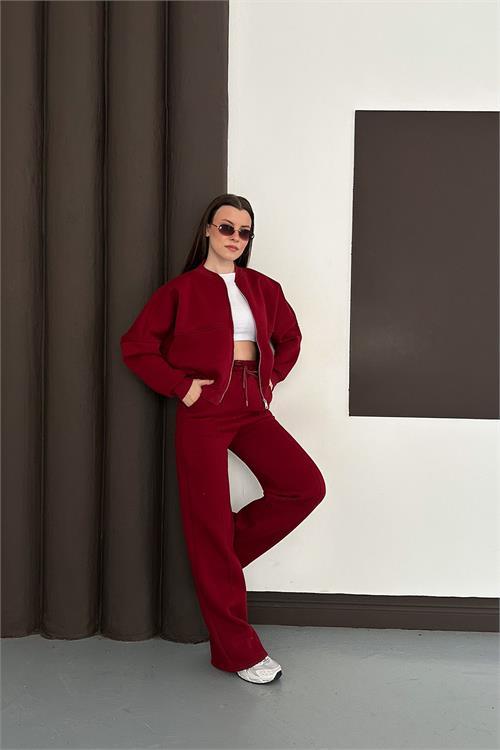 Dipmoda kadın bordo cepli içi polarlı 3 iplik eşofman takımı RYHS001