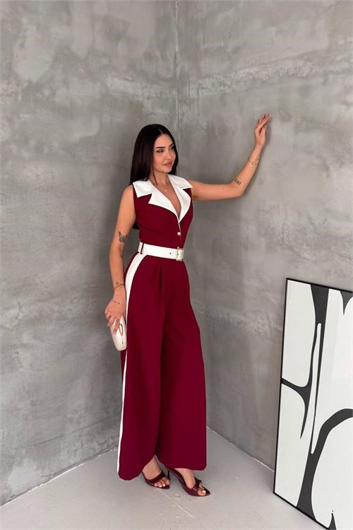 Dipmoda kadın bordo çift renkli kemerli şerit detaylı tam boy kolsuz tulum DPK087
