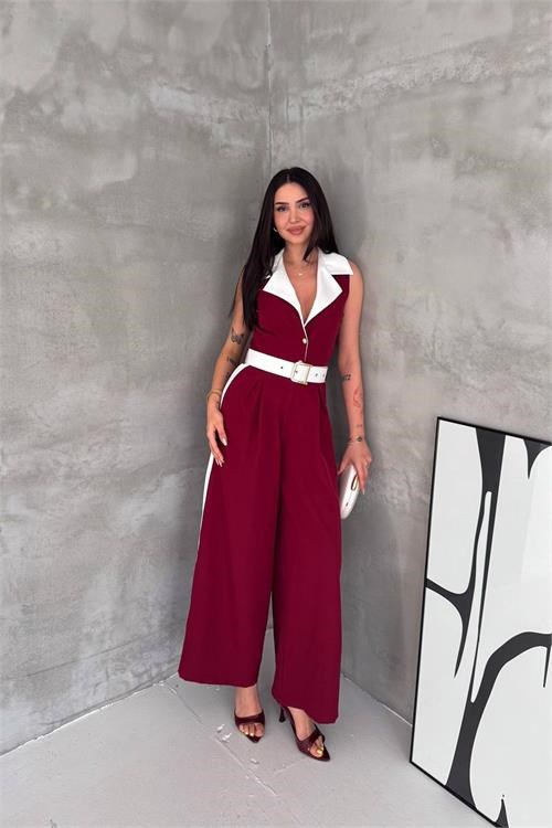 Dipmoda kadın bordo çift renkli kemerli şerit detaylı tam boy kolsuz tulum DPK087