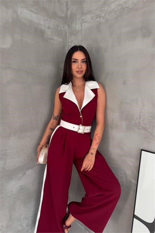 Dipmoda kadın bordo çift renkli kemerli şerit detaylı tam boy kolsuz tulum DPK087
