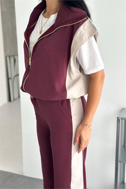 Dipmoda kadın bordo çift renkli oversize yelekli premium eşofman takımı DPRW5063