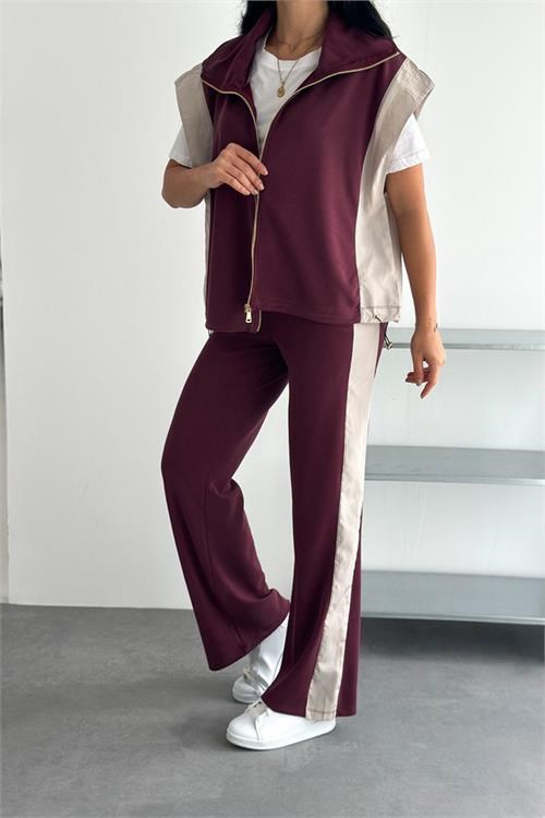 Dipmoda kadın bordo çift renkli oversize yelekli premium eşofman takımı DPRW5063