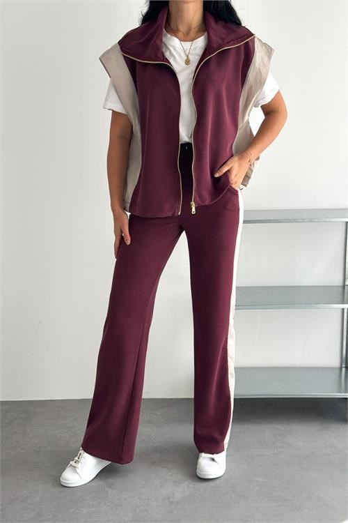 Dipmoda kadın bordo çift renkli oversize yelekli premium eşofman takımı DPRW5063