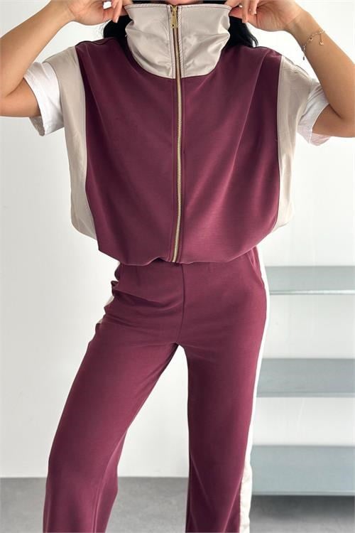 Dipmoda kadın bordo çift renkli oversize yelekli premium eşofman takımı DPRW5063